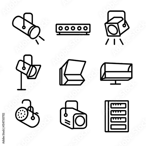 Theatrical Lighting Icons. Outline icon set of theatrical stage lighting: follow spot, footlight strip, front wash, side wash,