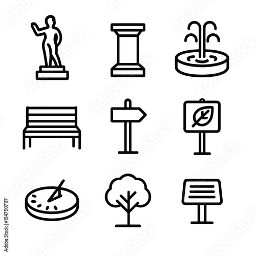 Outdoor Sculpture Icons. Outline icon set of outdoor sculpture gardens: bronze statue, stone plinth, water feature, garden bench,