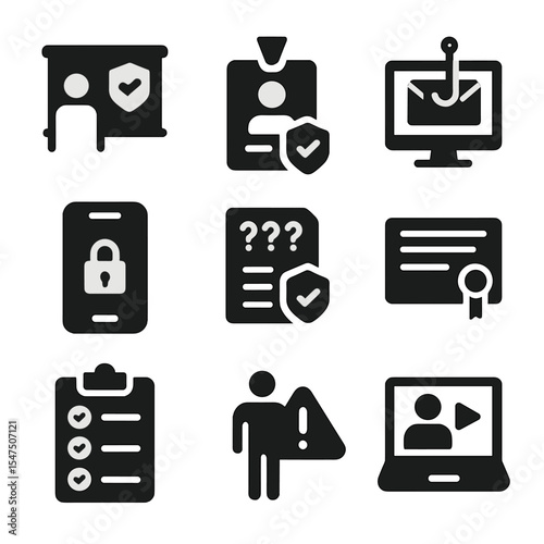 Cybersecurity Training Icons. Solid, filled icons set of employee cybersecurity training: training module,