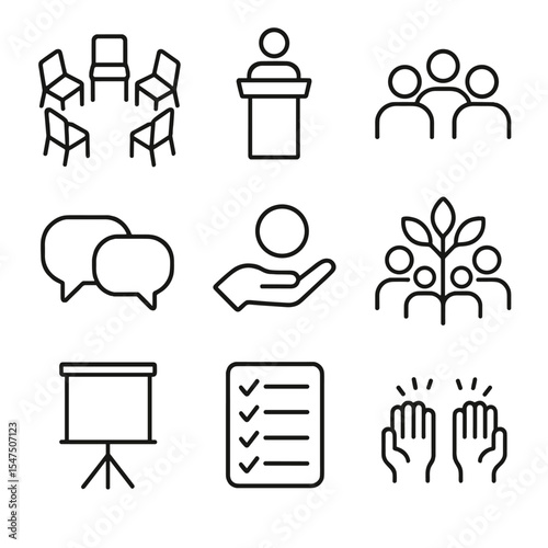 Therapy Icons Grid. Outline icon set of group therapy settings: circle of chairs, facilitator podium, group icon, flipchart easel,