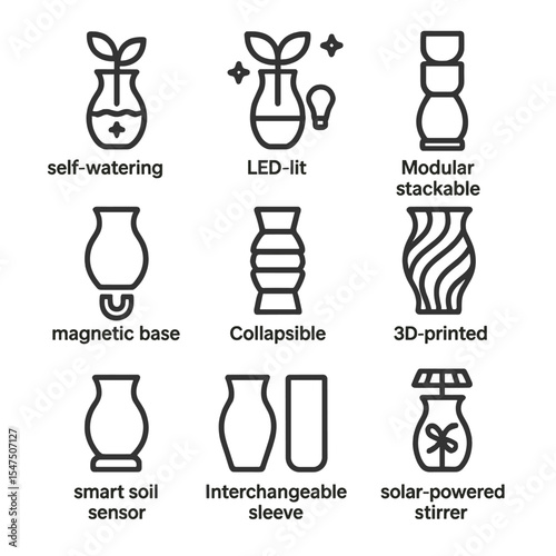 Modern Vase Icon Set. Outline icon set of modern vase innovations: self-watering system, LED-lit vase, modular stackable, magnetic
