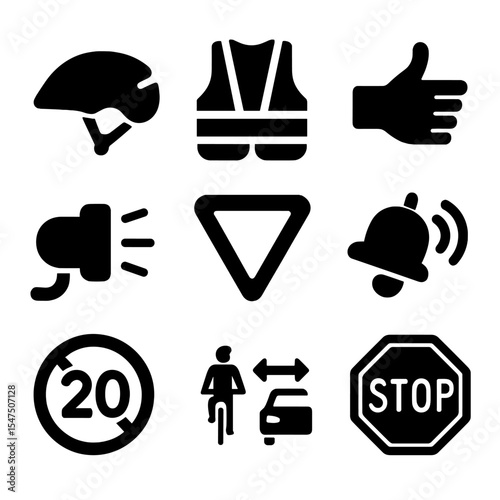 Cycling Safety Icons. Solid, filled icons set of cycling safety and etiquette: helmet, reflective vest, hand