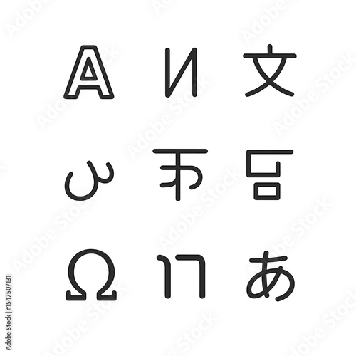 Multilingual Icon Grid. Outline icon set of world languages and scripts: Latin alphabet, Cyrillic letter, Chinese character,