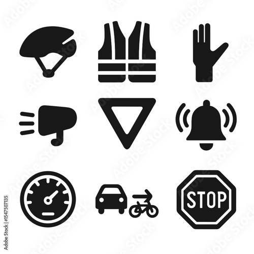Cycling Safety Icons. Solid, filled icons set of cycling safety and etiquette: helmet, reflective vest, hand