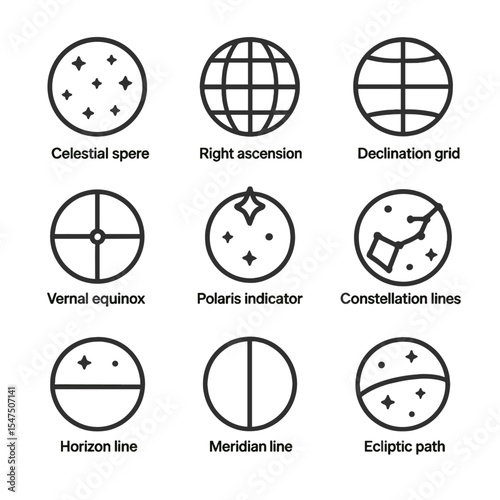 Celestial and Party Icons. Outline icon set of star maps and navigation: celestial sphere, right ascension grid, declination grid,