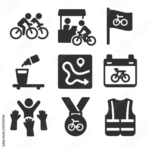 Cycling Event Icons. Solid, filled icons set of community cycling events: group ride, sign-up booth, event