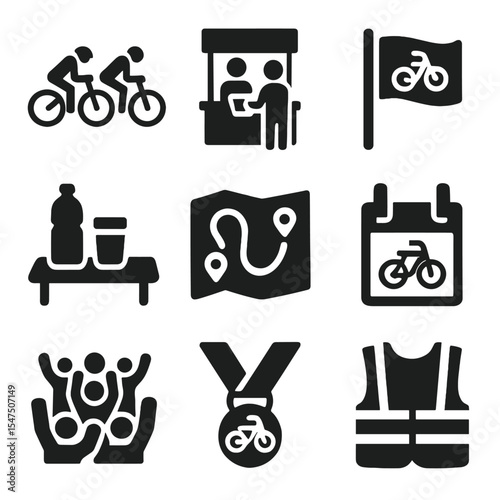 Cycling Event Icons. Solid, filled icons set of community cycling events: group ride, sign-up booth, event