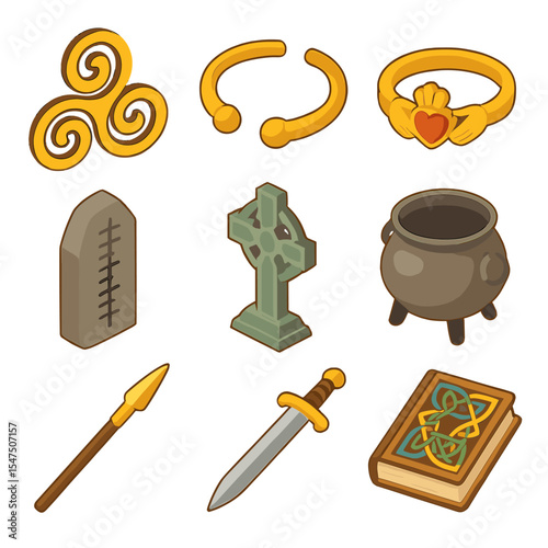 Celtic Symbol Icons. Isometric Flat icon set of Celtic symbols and artifacts: Triskelion, Torc, Claddagh ring, Ogham stone, Celtic