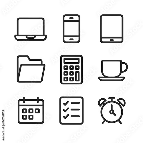 Multitasking Desk Icons. Outline icon set of multitasking desk: laptop, smartphone, tablet, document folder, calculator, coffee