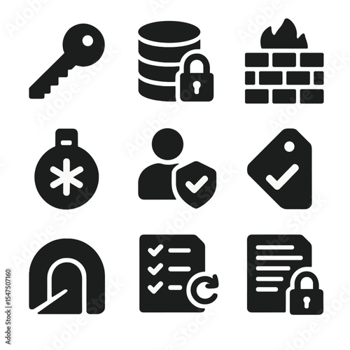 Data Protection Icons. Solid, filled icons set of data protection strategies: encryption key, secure database,
