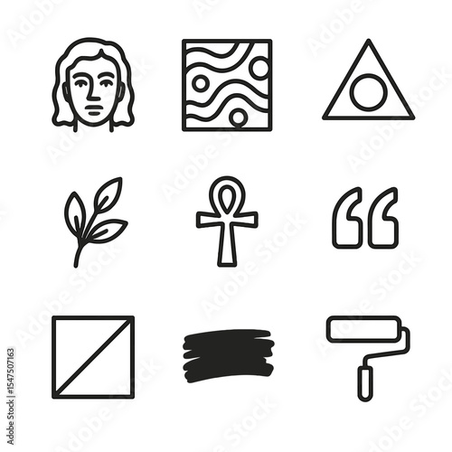 Mural Design Elements. Outline icon set of mural components: portrait face, abstract pattern, geometric shape, botanical motif,