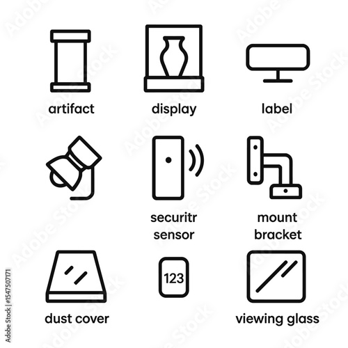 Museum Display Icons. Outline icon set of museum display elements: artifact pedestal, display case, label plaque, LED spotlight,