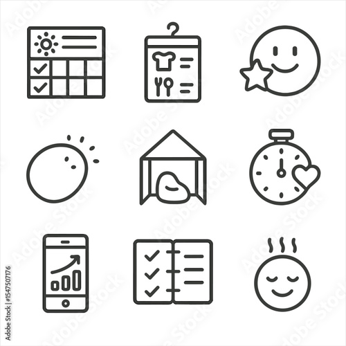 Parenting Strategy Icons. Outline icon set of parenting strategy tools: routine chart, visual schedule, positive-reinforcement