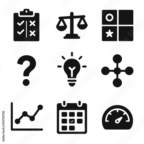 Decision-Making Tools Icons. Solid, filled icons set of decision-making tools: pros and cons list, balance