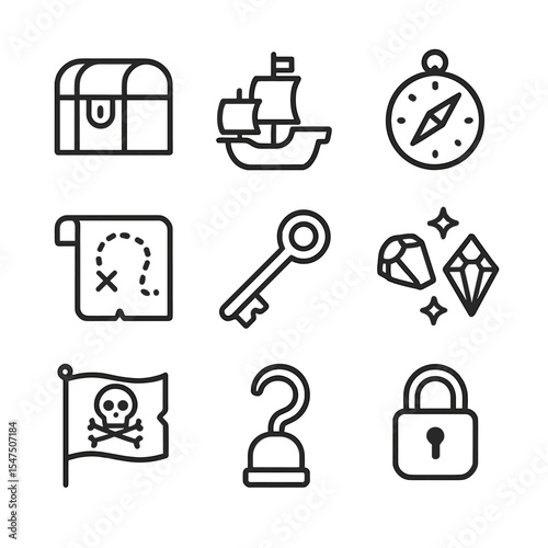Treasure Icons Grid. Outline icon set of treasure exploration: treasure chest, ship, compass, map, key, jewels, pirate flag, hook,