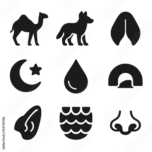 Desert Animal Icons. Solid, filled icons set of desert animal adaptations: camel hump, sand-colored fur, wide