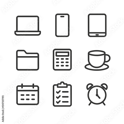 Multitasking Desk Icons. Outline icon set of multitasking desk: laptop, smartphone, tablet, document folder, calculator, coffee