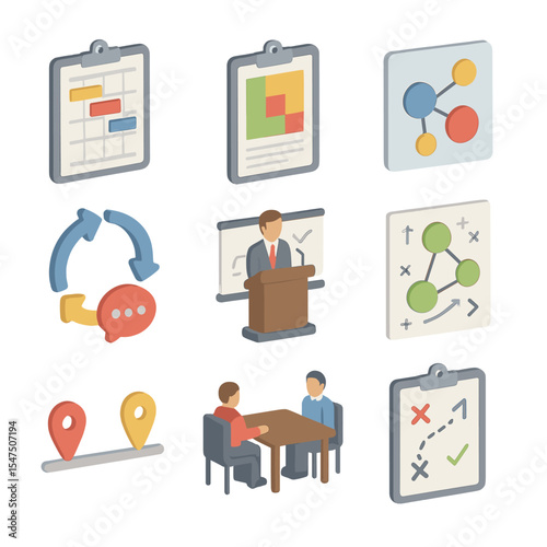 Change Management Icons. Isometric Flat icon set of change management: Gantt chart, risk assessment form, stakeholder map,
