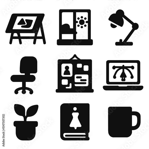 Designer Workspace Icons. Solid, filled icons set of designer workspace environment: drafting table, window