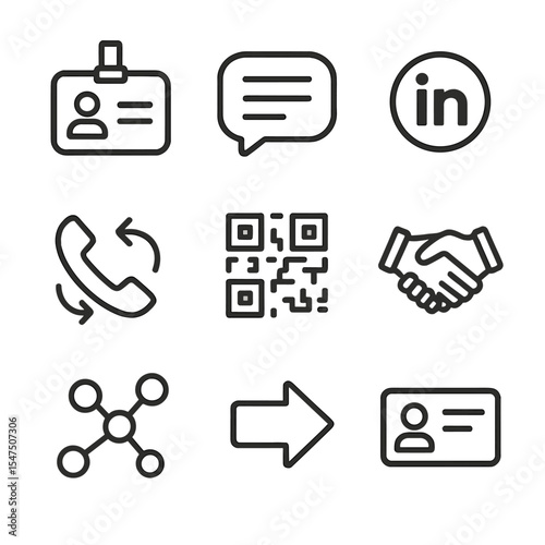 Networking Icon Set. Outline icon set of networking activities: name badge, elevator pitch bubble, LinkedIn icon, phone exchange,