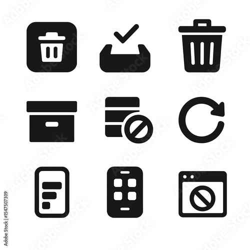 Digital Cleanup Icons. Solid, filled icons set of digital clutter cleanup: app delete, inbox zero, trash icon,