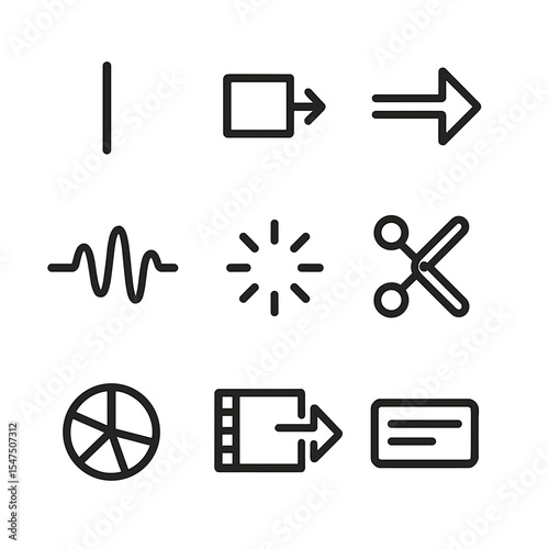 Video Editing Icons. Outline icon set of video editor timeline: playhead marker, clip segment, transition arrow, audio wave,