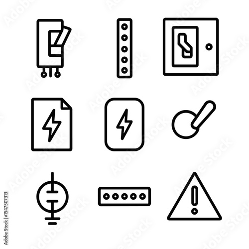 Circuit Breaker Icon Set. Outline icon set of circuit breaker panels: breaker switch, bus bar, enclosure, safety label, voltage