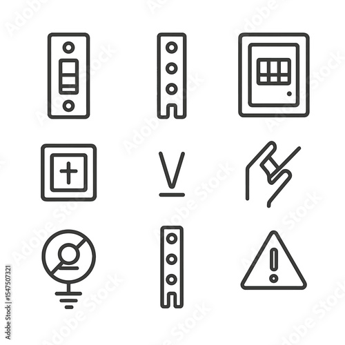 Circuit Breaker Icon Set. Outline icon set of circuit breaker panels: breaker switch, bus bar, enclosure, safety label, voltage
