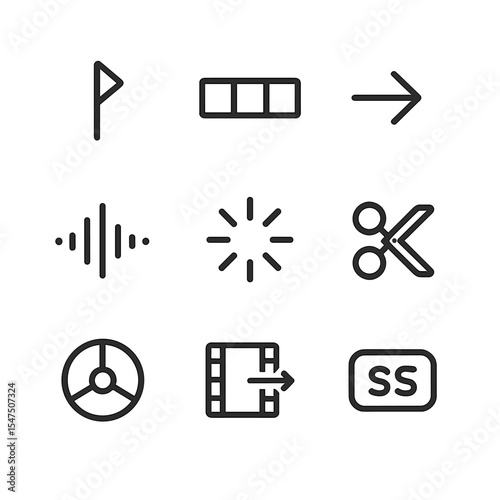 Video Editing Icons. Outline icon set of video editor timeline: playhead marker, clip segment, transition arrow, audio wave,