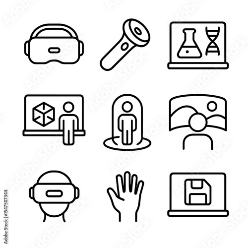 Virtual Reality Icons. Outline icon set of virtual reality in classroom: VR headset, motion controller, virtual lab, 3D model,