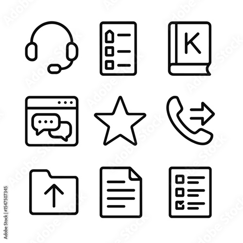 Virtual Support Icons. Outline icon set of virtual customer support: headset microphone, ticket queue list, knowledge base book,