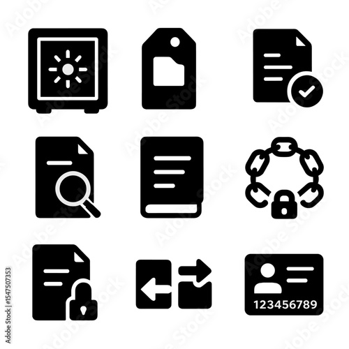 Digital Evidence Icons. Solid, filled icons set of digital evidence management: digital vault, evidence tag,