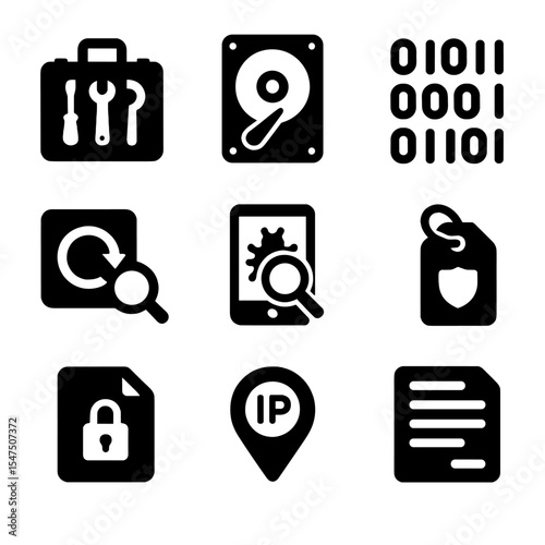 Digital Forensics Icons. Solid, filled icons set of digital forensics and cybersecurity investigations: