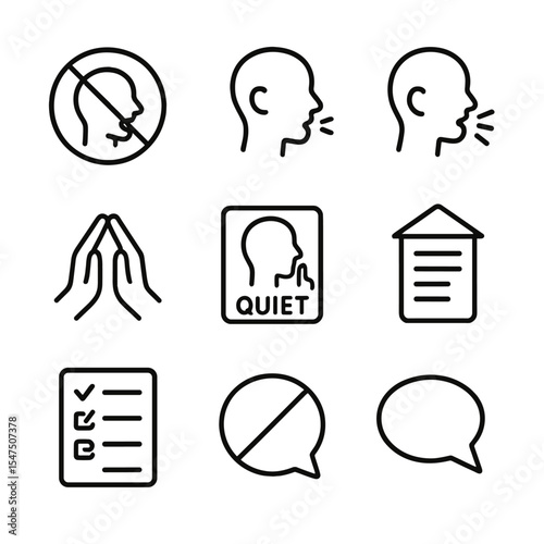 Noise Policy Icons. Outline icon set of noise policy signs: no talking sign, talk level 1 sign, talk level 2 sign, talk level 3