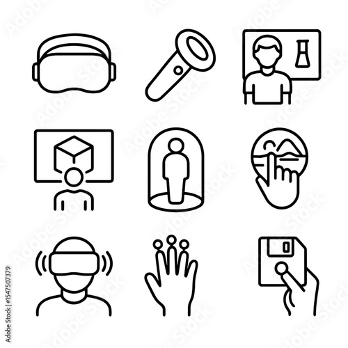Virtual Reality Icons. Outline icon set of virtual reality in classroom: VR headset, motion controller, virtual lab, 3D model,
