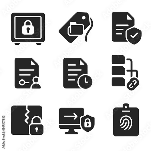 Digital Evidence Icons. Solid, filled icons set of digital evidence management: digital vault, evidence tag,