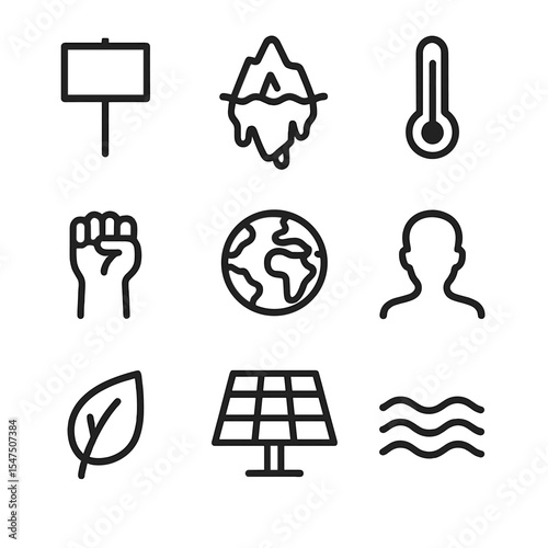 Climate Protest Icons. Outline icon set of climate justice protest: protest banner, melting iceberg, thermometer, raised fist,
