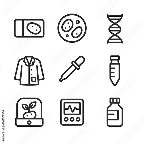 Potato Research Icons. Outline icon set of potato research lab: microscope slide, petri dish, DNA helix, lab coat, pipette,