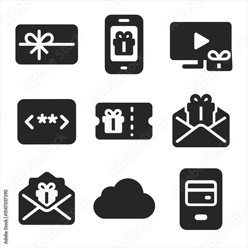 Digital Gifting Icons. Solid, filled icons set of digital gifting and subscriptions: e-gift card, app