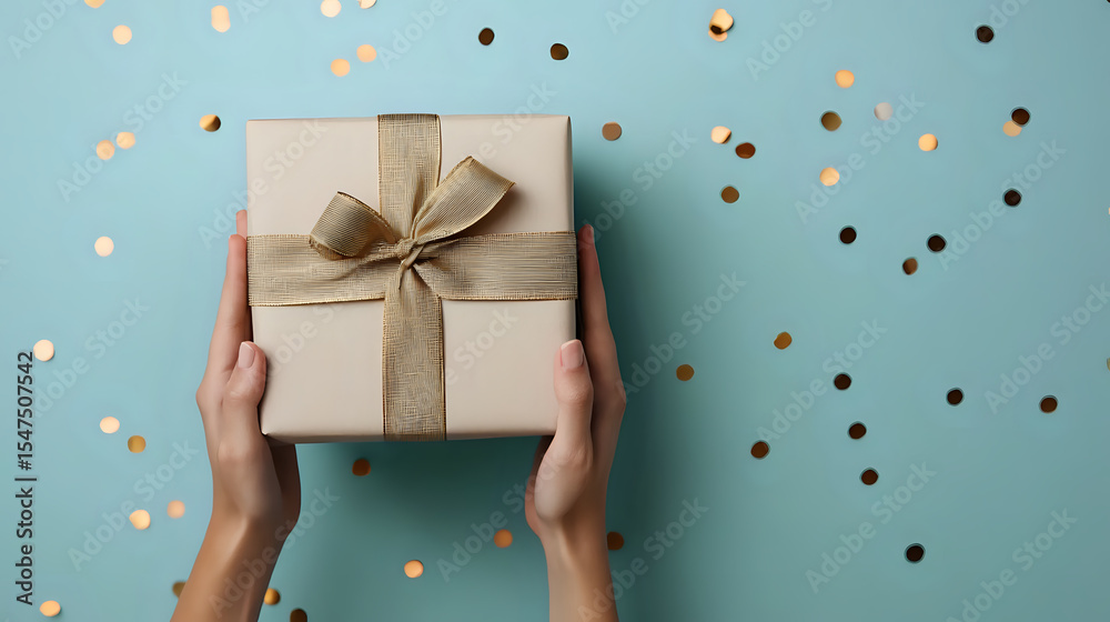 Hands holding kraft paper gift box with burlap ribbon and bow against mint green background with scattered gold and black confetti dots. Hands holding kraft paper gift box with burlap ribbon and bow against mint green background with scattered gold and black confetti dots.