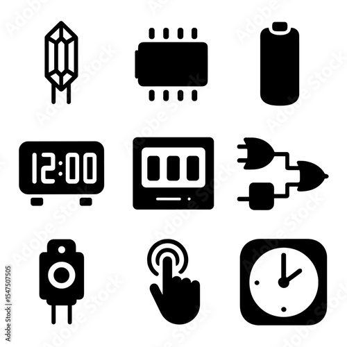 Digital Timekeeping Icons. Solid, filled icons set of digital timekeeping components: quartz crystal, IC chip,