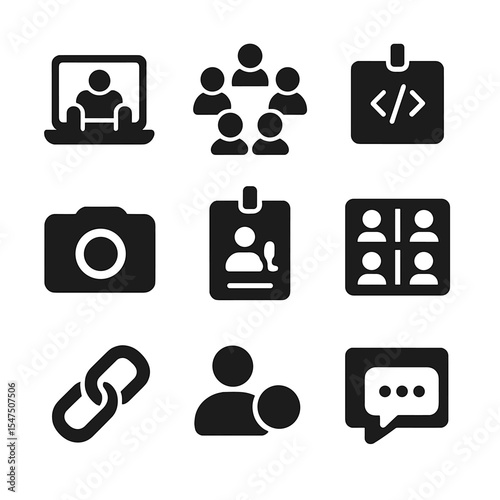 Digital Meetup Icons. Solid, filled icons set of digital freelancer meetups: virtual lounge, community circle,