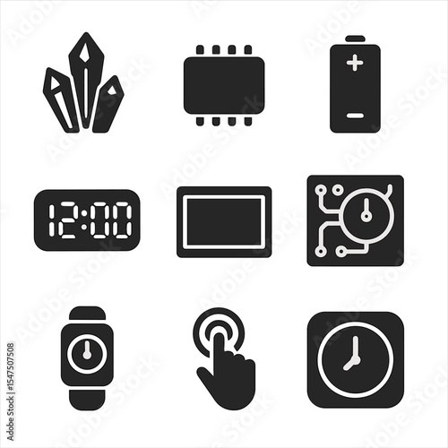 Digital Timekeeping Icons. Solid, filled icons set of digital timekeeping components: quartz crystal, IC chip,