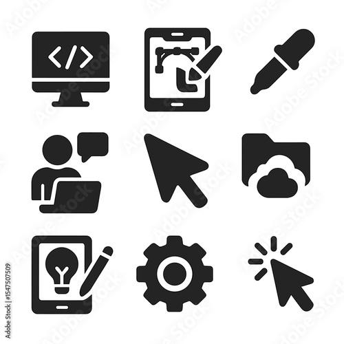 Digital Skills Icons. Solid, filled icons set of digital skills development: code screen, design app, edit