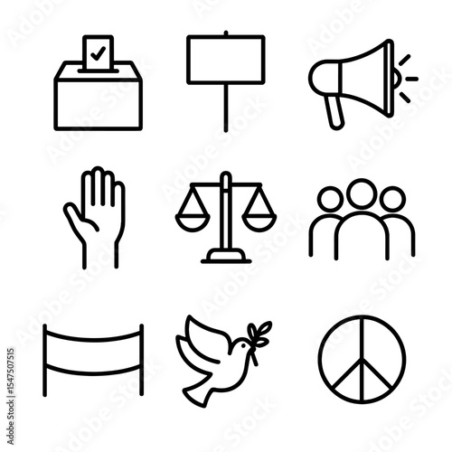 Pro-Democracy Icons. Outline icon set of pro-democracy rally: ballot box, protest sign, megaphone, raised hand, scales of justice,