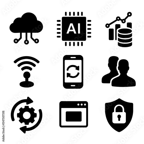 Digital Transformation Icons. Solid, filled icons set of digital transformation tools: cloud computing, AI