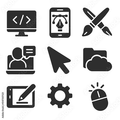 Digital Skills Icons. Solid, filled icons set of digital skills development: code screen, design app, edit
