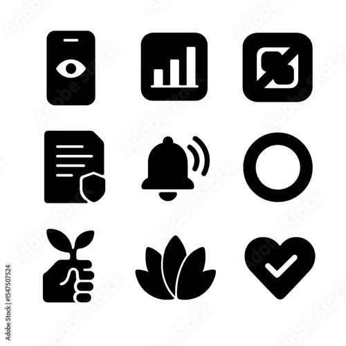 Digital Well-Being Icons. Solid, filled icons set of digital well-being tools: screen tracker, usage chart,