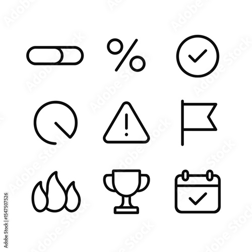 Progress Tracking Icons. Outline icon set of progress and completion tracking: progress bar, percentage label, completed check, in