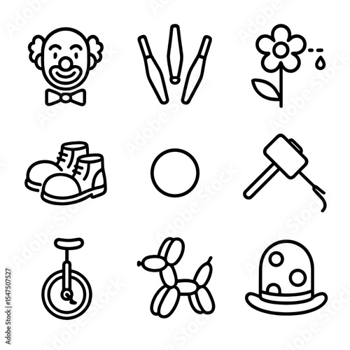 Clown Entertainment Icons. Outline icon set of clown entertainment: classic clown face, juggling pins, water-squirting flower,